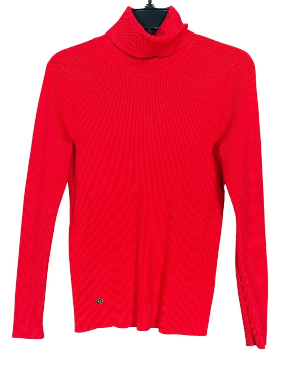 Lauren Ralph Lauren Red Ribbed Turtleneck Sweater Gold Logo Plaque Size L - Picture 3 of 9